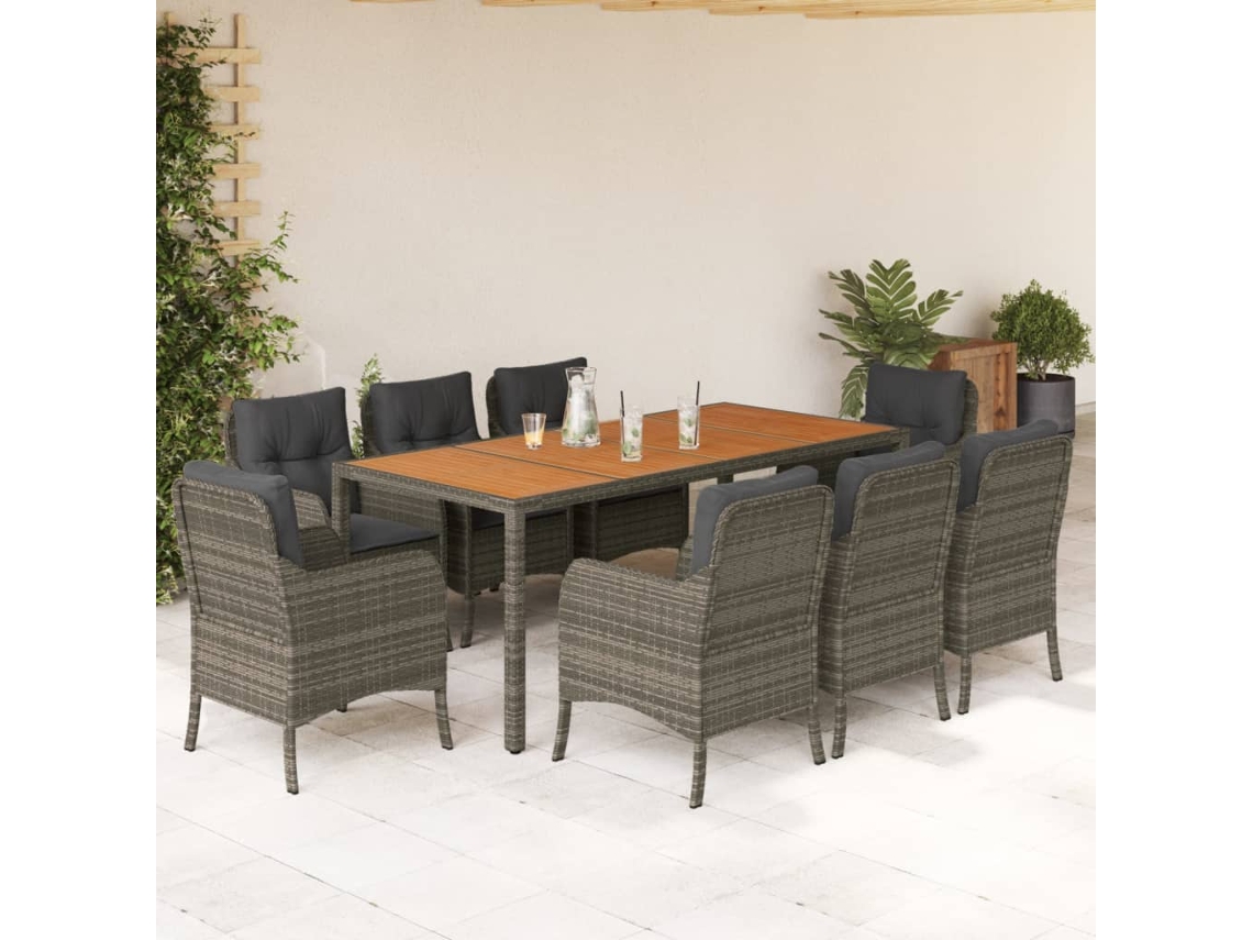 Vidaxl 9 Pcs Conjunto De Jantar P/ Jardim C/ Almofadões Vime Pe Cinza
