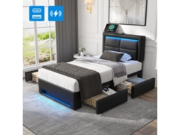 Cama de Solteiro VSOGA 90x200 cm com arrumação, led, usb c, ripas, veludo bege, sem colchão