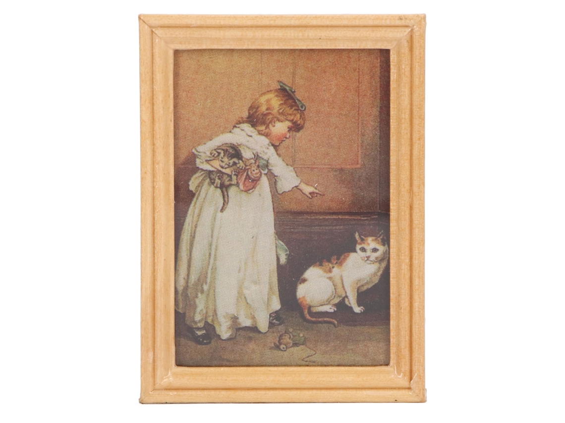 Primerox moldura de Madeira Miniatura Pintada Menina e Gato para Casinha de Bonecas 1/12 Decoração
