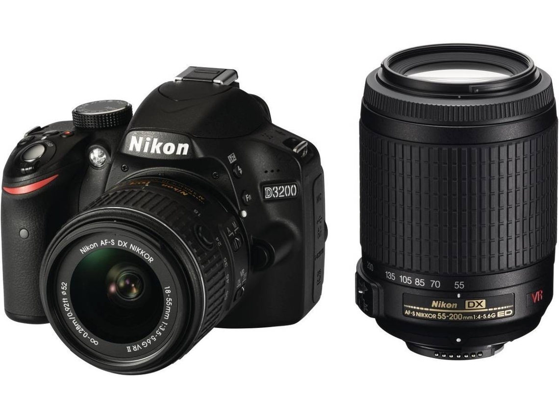 Kit Máquina Fotográfica Reflex NIKON D3200 + AF-S DX 18-55mm + AF-S DX VR 55-200mm (Preto - 24.2  MP)