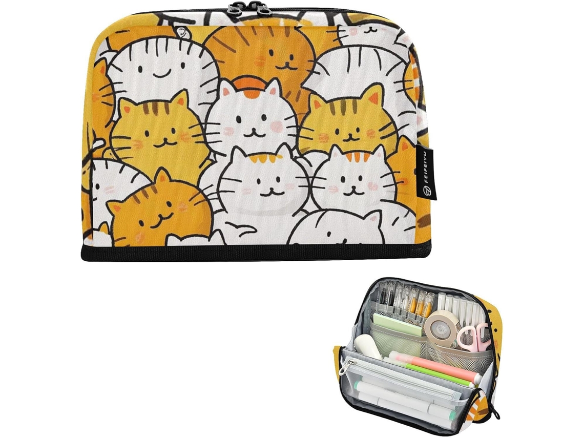 Estojo Grande Com Estampa De Gato Desenho Animado Para Adolescentes, Ideal Uso Escolar.
