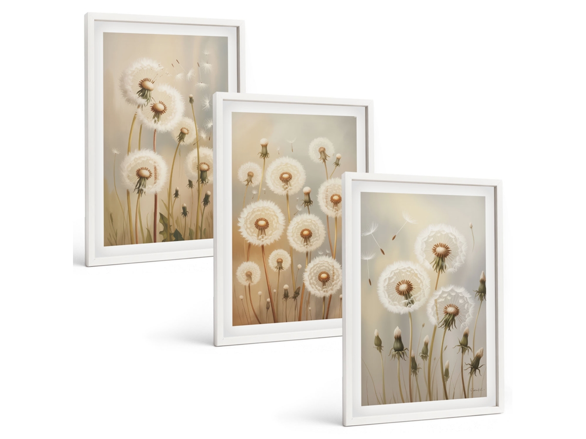 Conjunto De Pinturas Dentes-de-leão Brancos, Fundo Claro Espelharte (3 Peças 40x60 Cm)