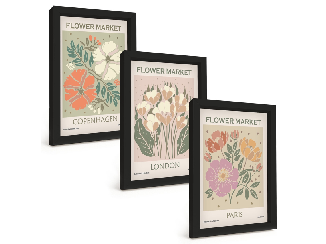 Composição De Quadrospôsteres Florais Copenhague Londres Paris Moldura Preta Imagens Para Um Quarto Infantil Espelharte (3 Peças 20x30 Cm)