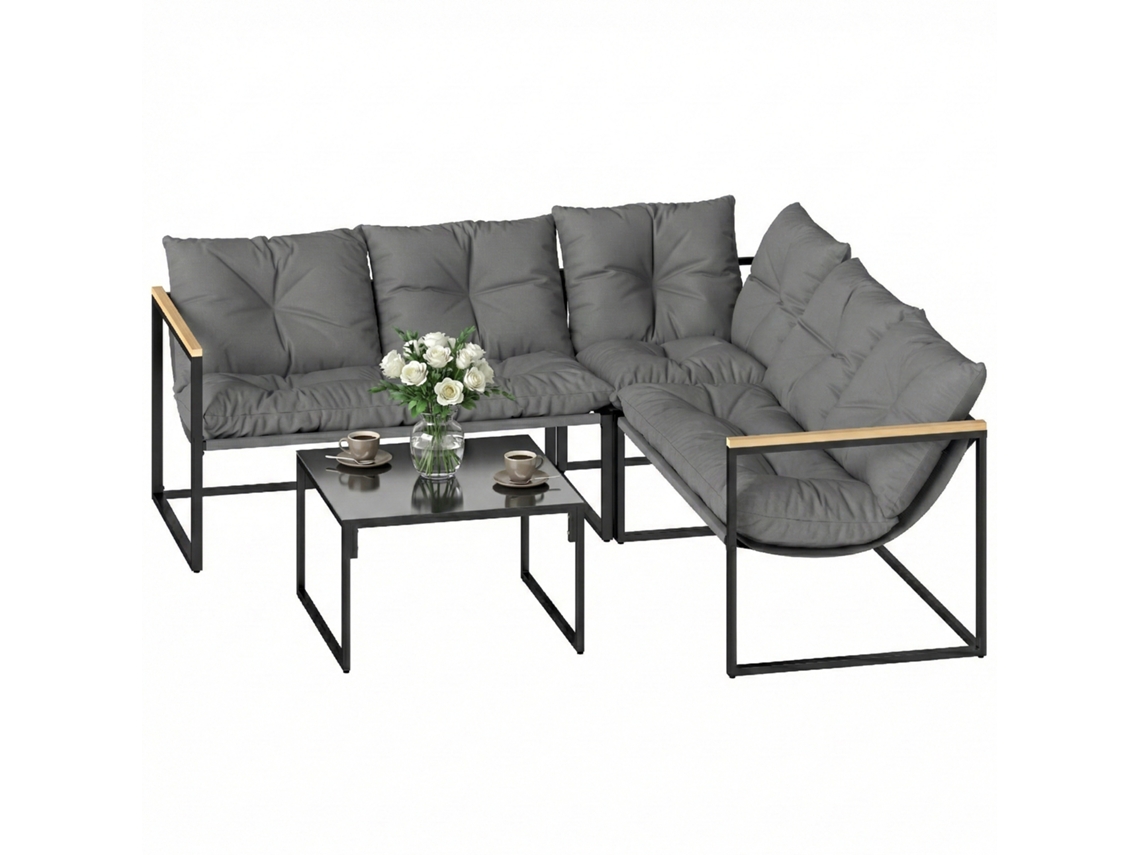Conjunto de Jardim Externo Cinza com 2 Sofás 2 Lugares, sofá canto, mesa de centro com tampo de vidro | S/MARCA