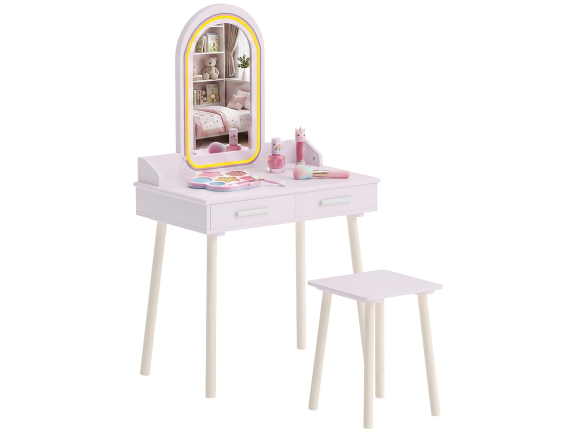 Conjunto De Penteadeira Infantil 2 Em 1 Com Espelho Led Para Meninas, Rosa