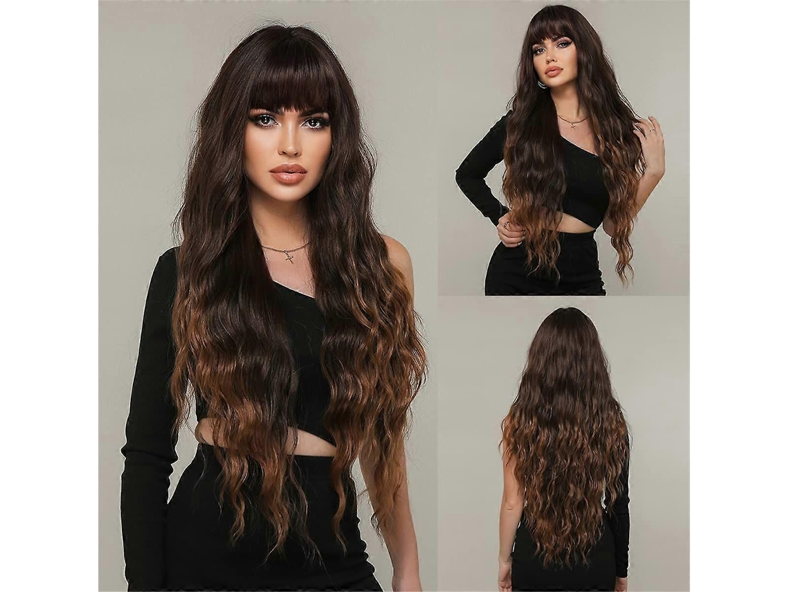 Peruca Castanha Comprida e Encaracolada, Peruca Castanha Ombré com Franja, Peruca Castanha com Mechas para Mulheres. TAISHENGDA