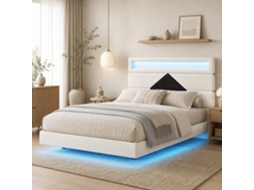 Cama Estofada 140 X 190 Cm, Cama De Casal Com Cabeceira Ajustável Em Losango, Cama Suspensa Com Iluminação Led E 2 Portas Usb, Veludo Bege