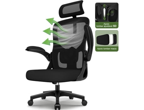 Cadeira de escritório ergonômica Adormii com inclinação de 90° a 130°, apoios de braços dobráveis e suporte lombar em espuma viscoelástica 3D com ajuste de 8 cm.