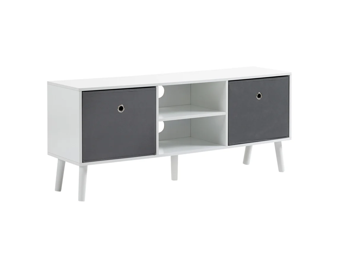 Rack TV PRIME KANG para TVs até 50 polegadas, com 2 gavetas, prateleiras, passacabo, 110x29x46,5 cm, Branco e Cinza