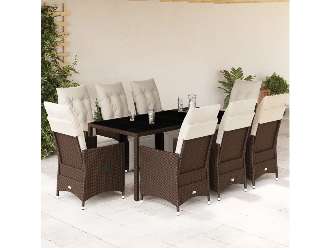 Vidaxl 9 Pcs Conjunto Bistrô De Jardim C/ Almofadões Vime Pe Castanho