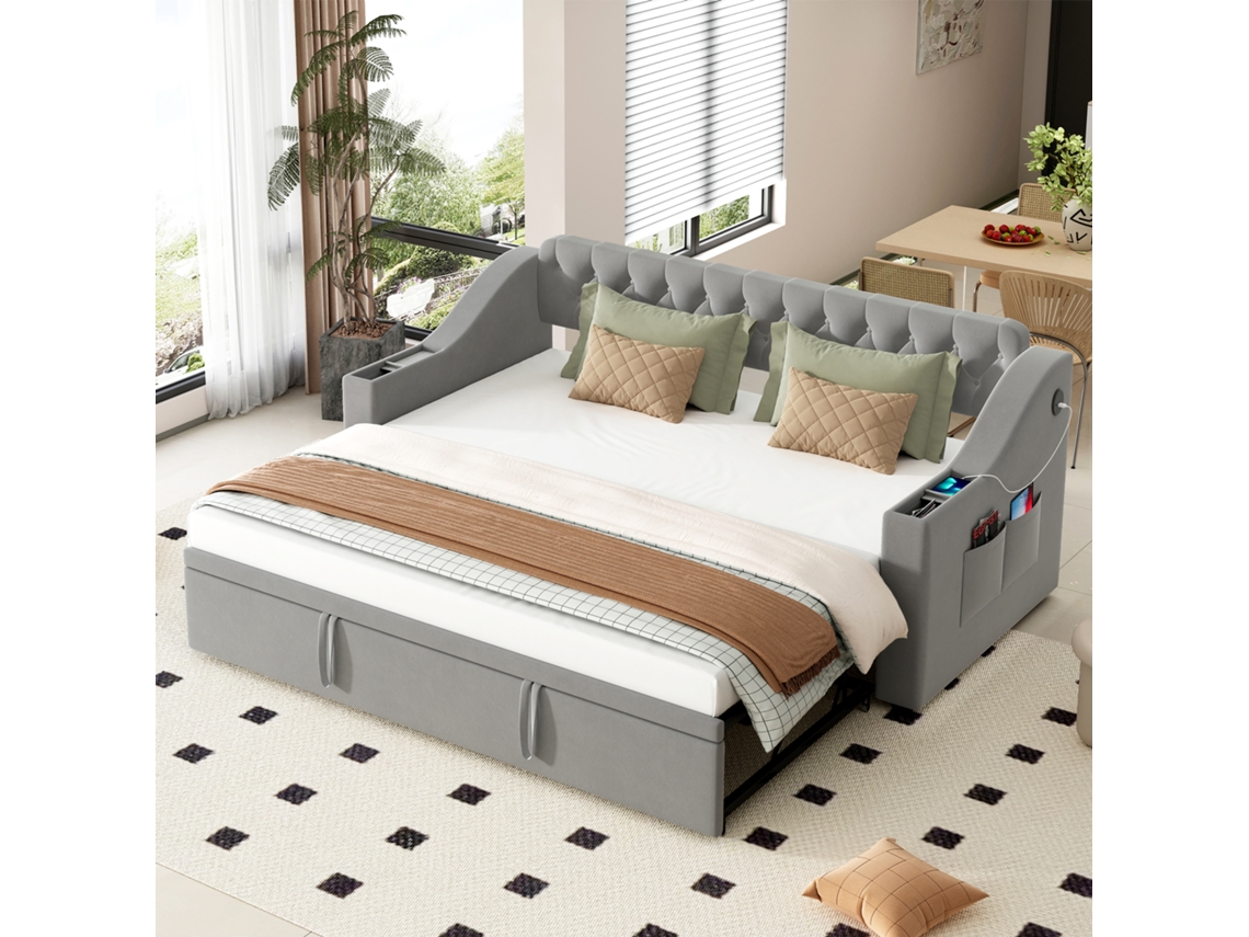 Sofá Cama 90/180x190 Cm Com Braços Largos Usb Prateleiras Bolsos Seda Cinza