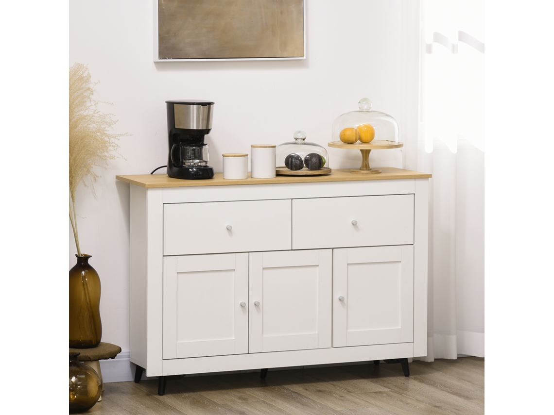 Aparador Móvel Auxiliar De Cozinha Com 2 Gavetas 3 Portas E Prateleira Ajustável Móvel De Tv De Até 50 Polegadas 117x35x80 Cm Branco E Madeira