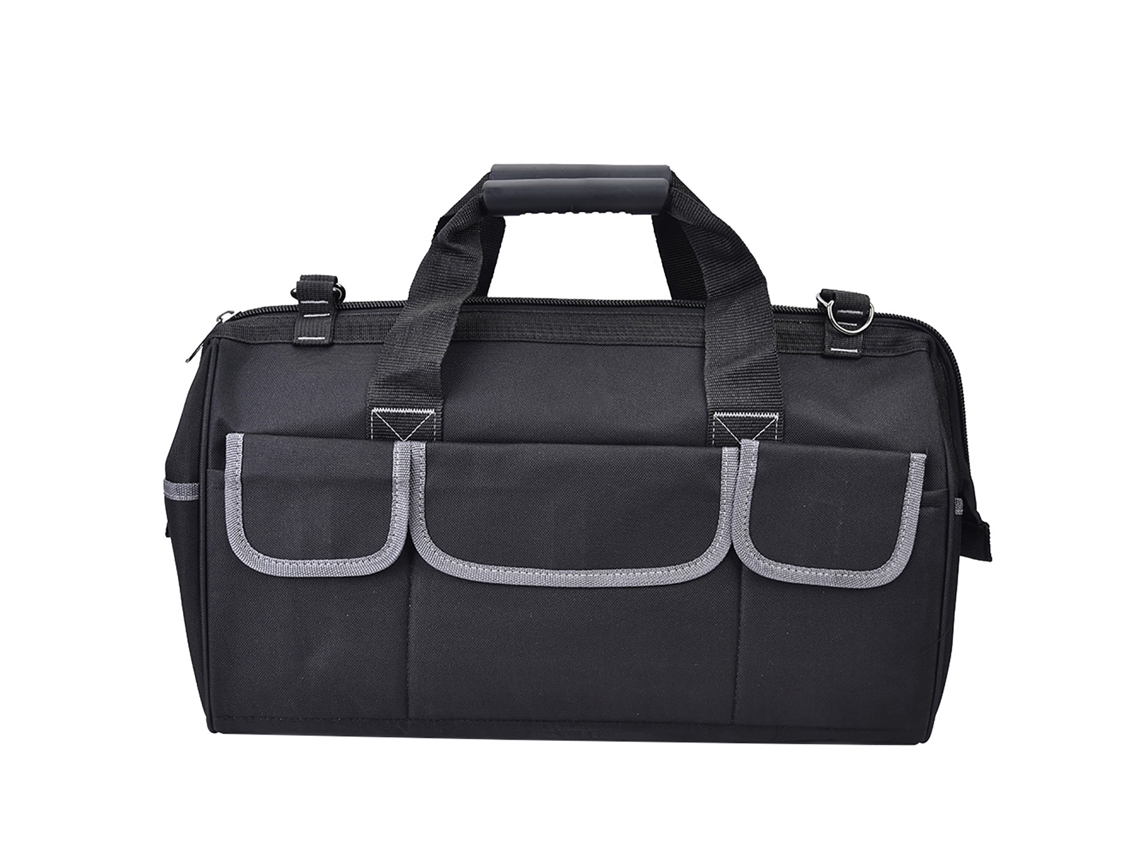 Bolsa para ferramentas resistente de 48 cm (19 polegadas) em tecido Oxford cinza com alça de ombro para armazenamento de ferramentas e ferragens.