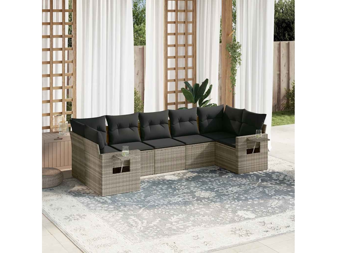 Vidaxl 7 Pcs Conj. Sofás Jardim Com Almofadões Vime Pe Cinzento-claro