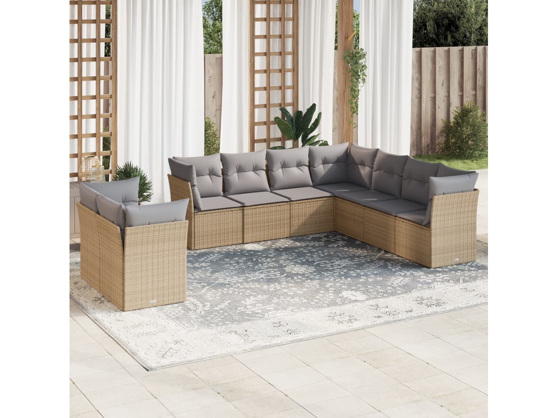 Vidaxl 9 Pcs Conjunto De Sofás P/ Jardim Com Almofadões Vime Pe Bege
