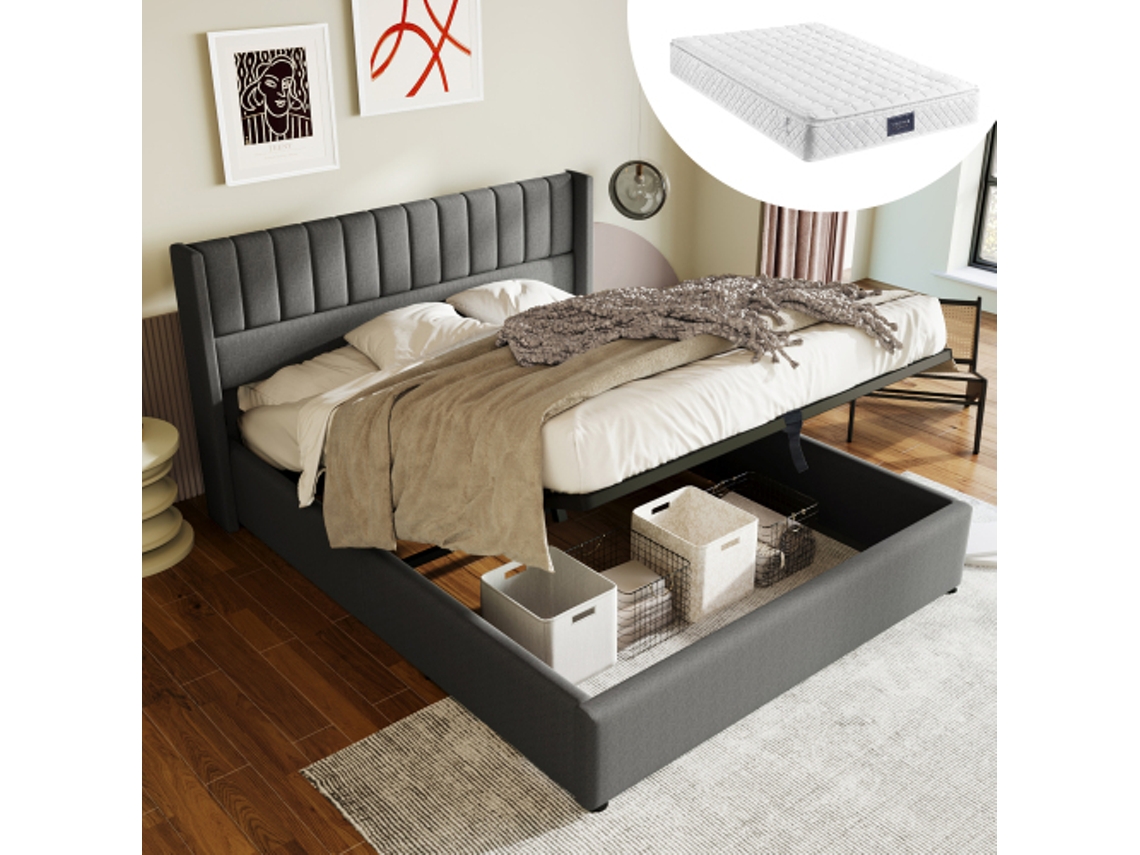Cama de casal 140x200cm, feita de madeira e metal, robusta, durável, design prático, fácil de montar, qualidade superior, colchão não incluído.