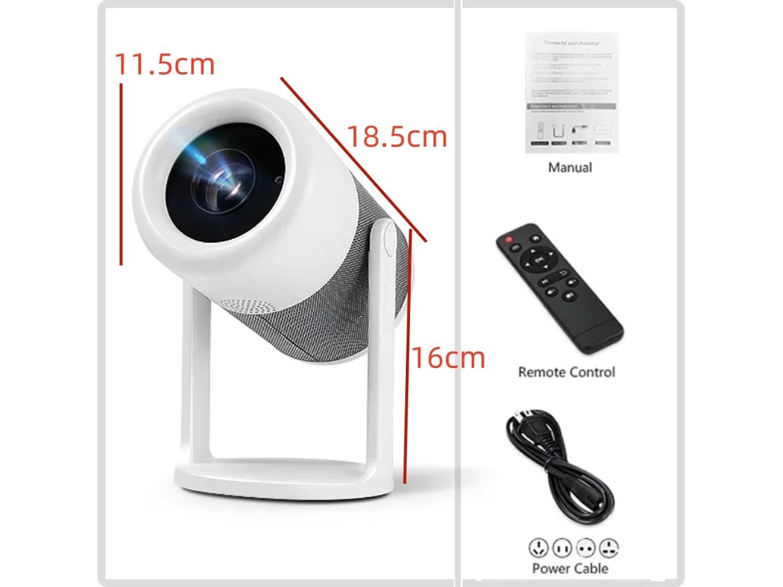 Projetor portátil Android de alto brilho, formato de barril, home theater, rotação de 180 graus, Wi-Fi 6, branco CXC