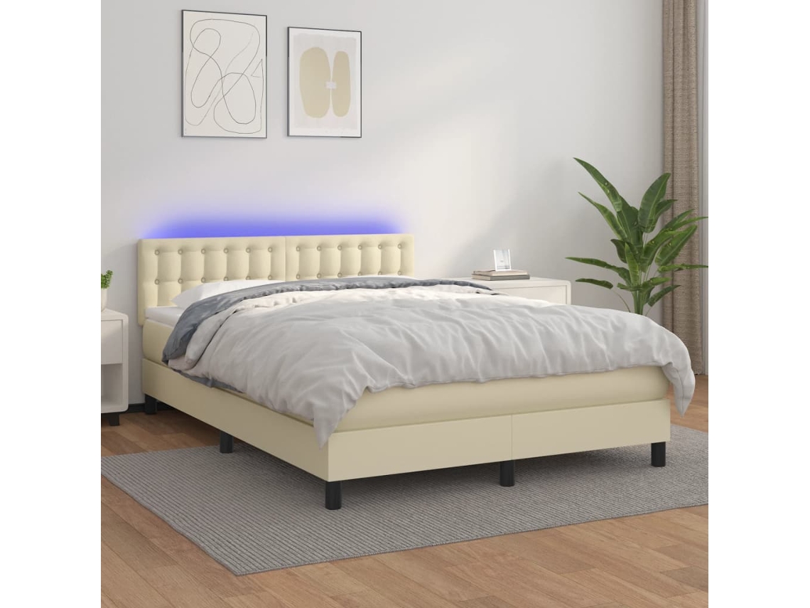 Vidaxl Cama Box Spring C/ Colchão/led 140x190cm Couro Artificial Creme