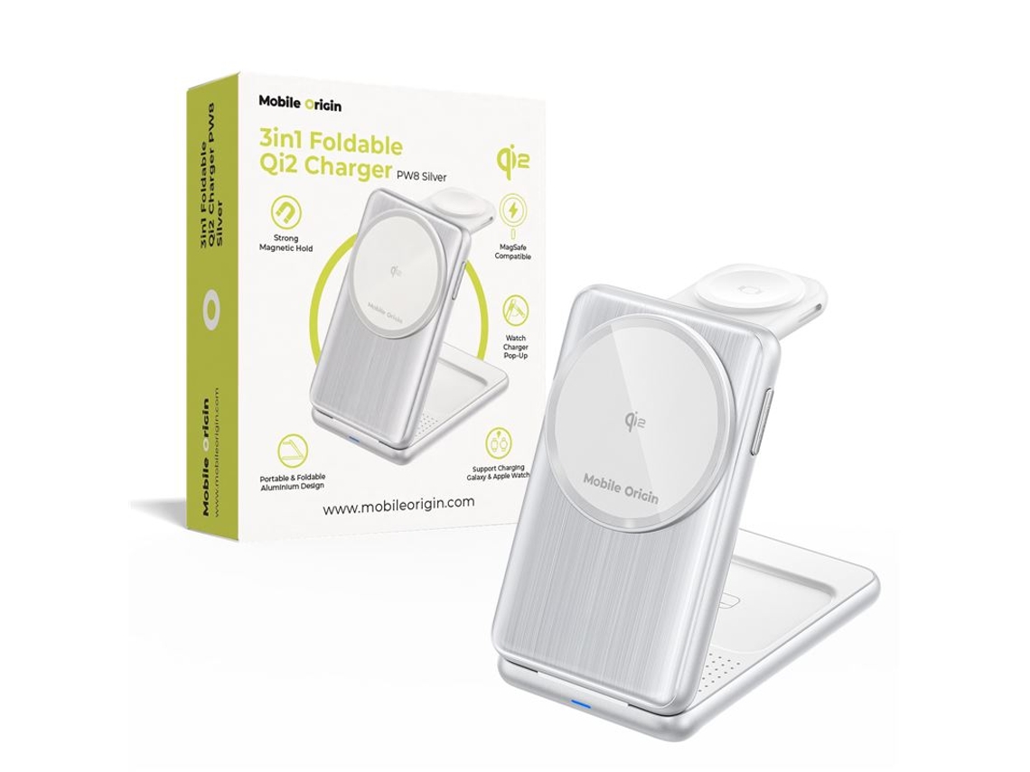 Carregador Dobrável Qi2 3 em 1 MOBILE ORIGIN para Celulares.