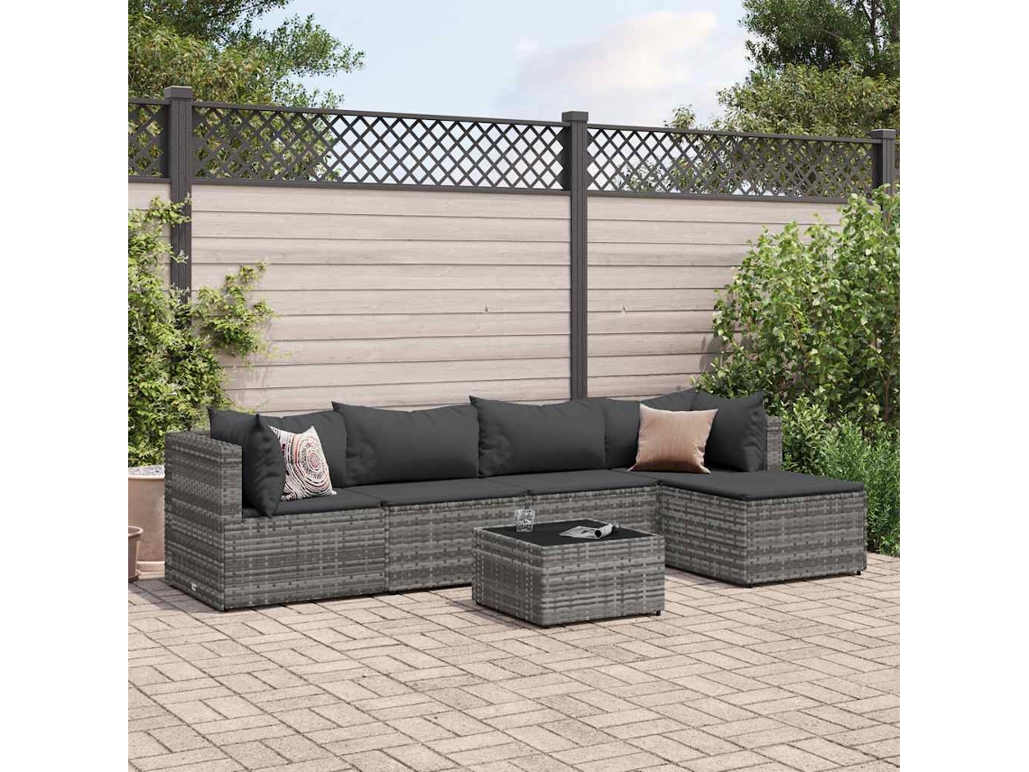 Vidaxl 6 Pcs Conjunto Lounge De Jardim C/ Almofadões Vime Pe Cinzento