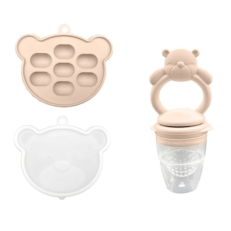 Mordedor Bebé Alimentador CHRUI 6+ Meses 2 em 1 Alivio Gengivas Molde Gelo (urso Bege)