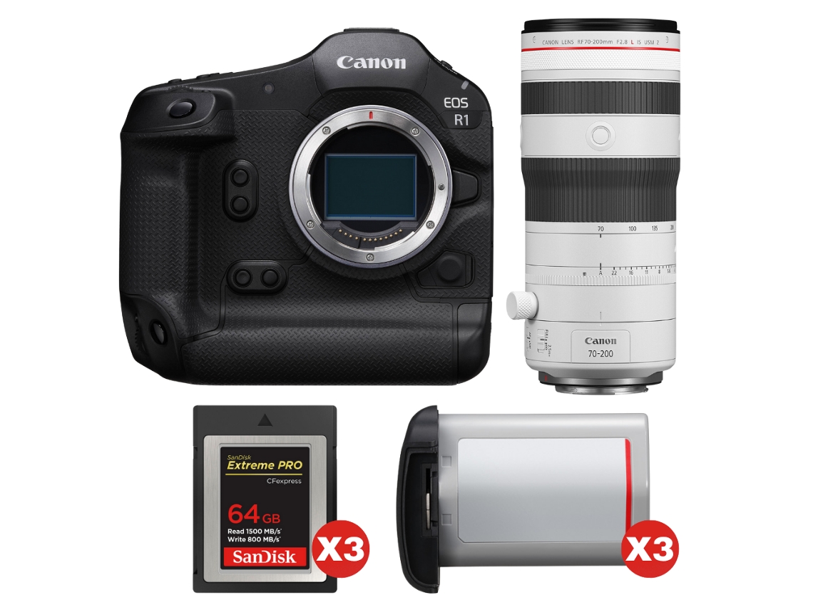 Eos R1 + Rf 70 200mm F/2.8 L Is Usm Z Branco + 3 Sandisk 64gb Extreme Pro Cfexpress Type B + 3 Canon Lp e19 + Ebook Pricedirect CANON