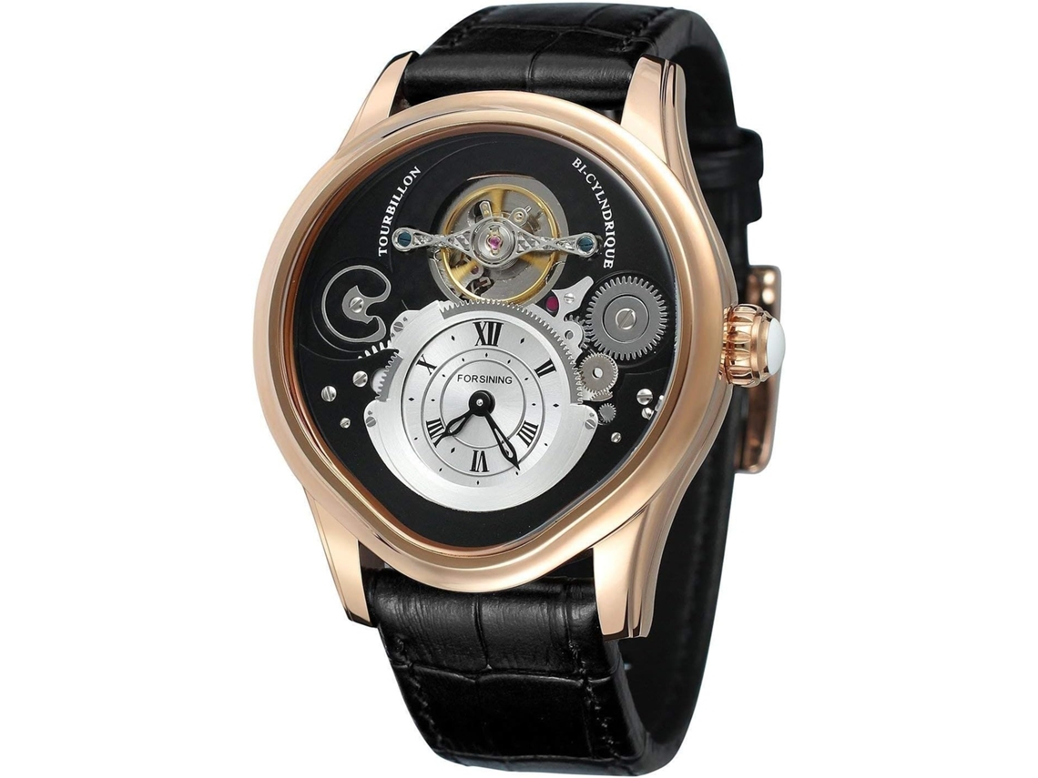 Lurelia Relógio Mecânico Masculino, Automático, 46 Mm, 12 Mm, Aço Inoxidável, Couro, Resistente À Água 30m, Rosa Ouro, Preto