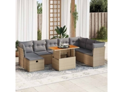 Vidaxl 9 Pcs Conjunto Sofás Jardim Com Almofadões Vime Pe/acácia Bege