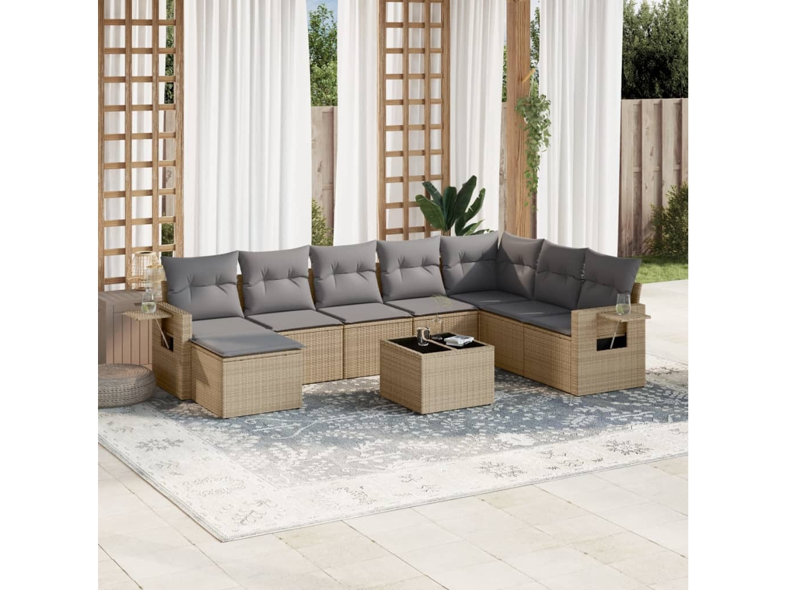 Vidaxl 9 Pcs Conjunto De Sofás P/ Jardim Com Almofadões Vime Pe Bege