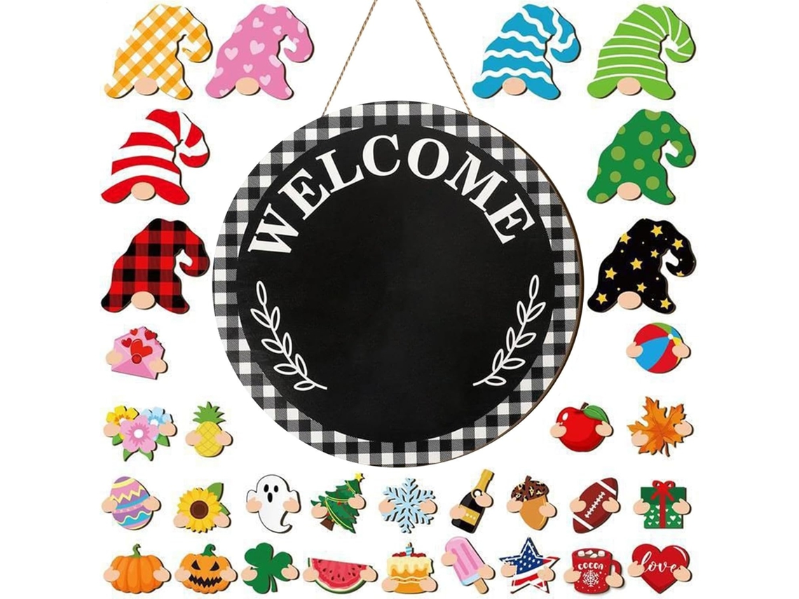 Placa De Porta Com Gnomo De Madeira, Guirlanda Decorativa Para Parede | Decorações
