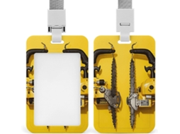 Porta-cartões de identificação amarelo com duas motosserras, resistente, plástico, para cartões de identificação.