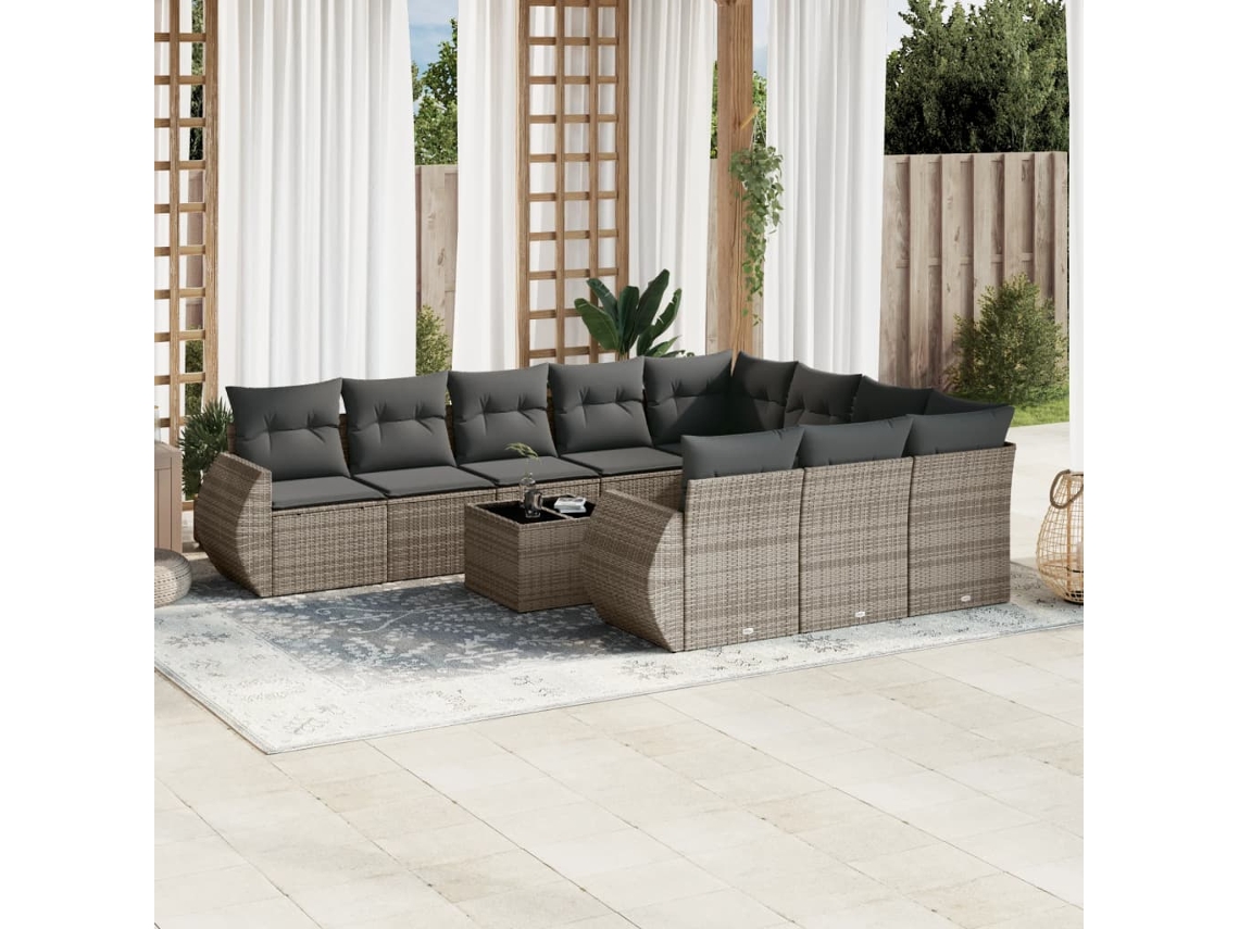 Vidaxl 11 Pcs Conjunto Sofás De Jardim C/ Almofadões Vime Pe Cinzento