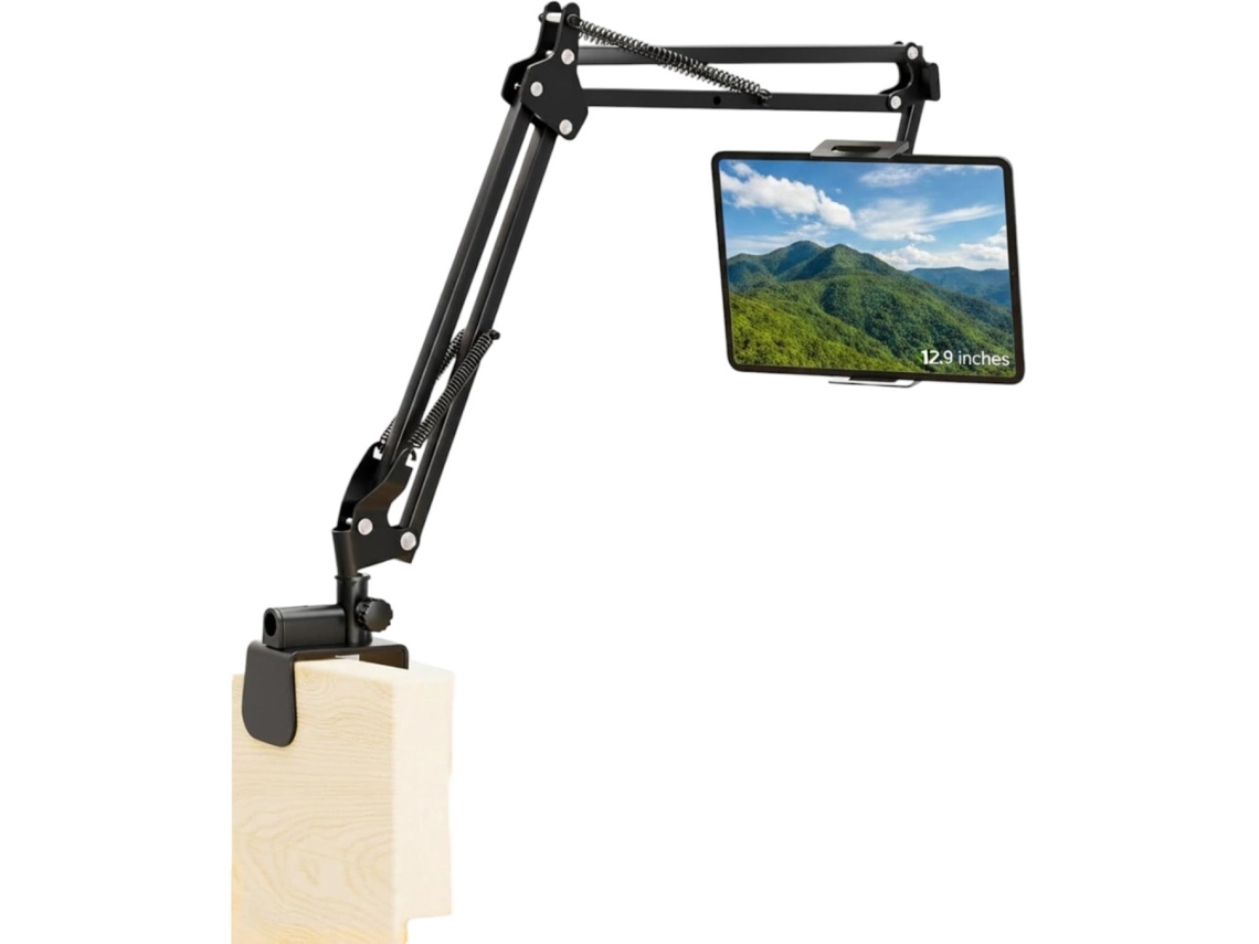 Suporte para tablet e telemóvel com base articulada a 360° e junta esférica em alumínio e aço esmaltado