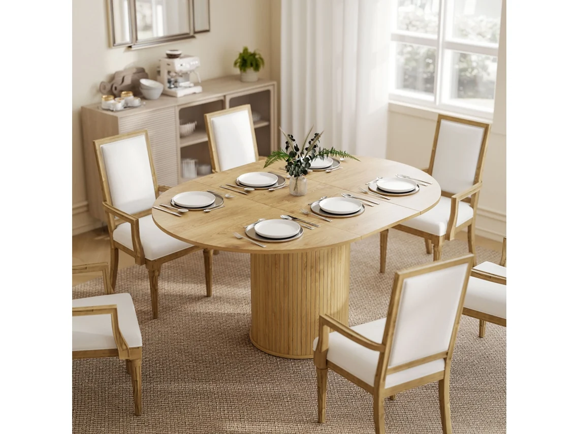 Mesa De Refeição Extensível Redonda Para 6-8 Pessoas Com Base Estriada Para Sala De Estar 110-150x110x75 Cm Madeira