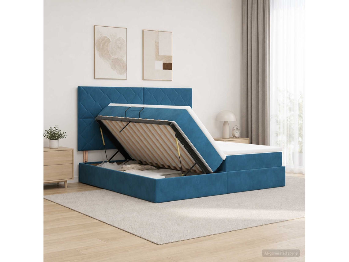 Vidaxl Cama De Armazenamento Led Com Colchão Azul Escuro 200 X 200 Cm