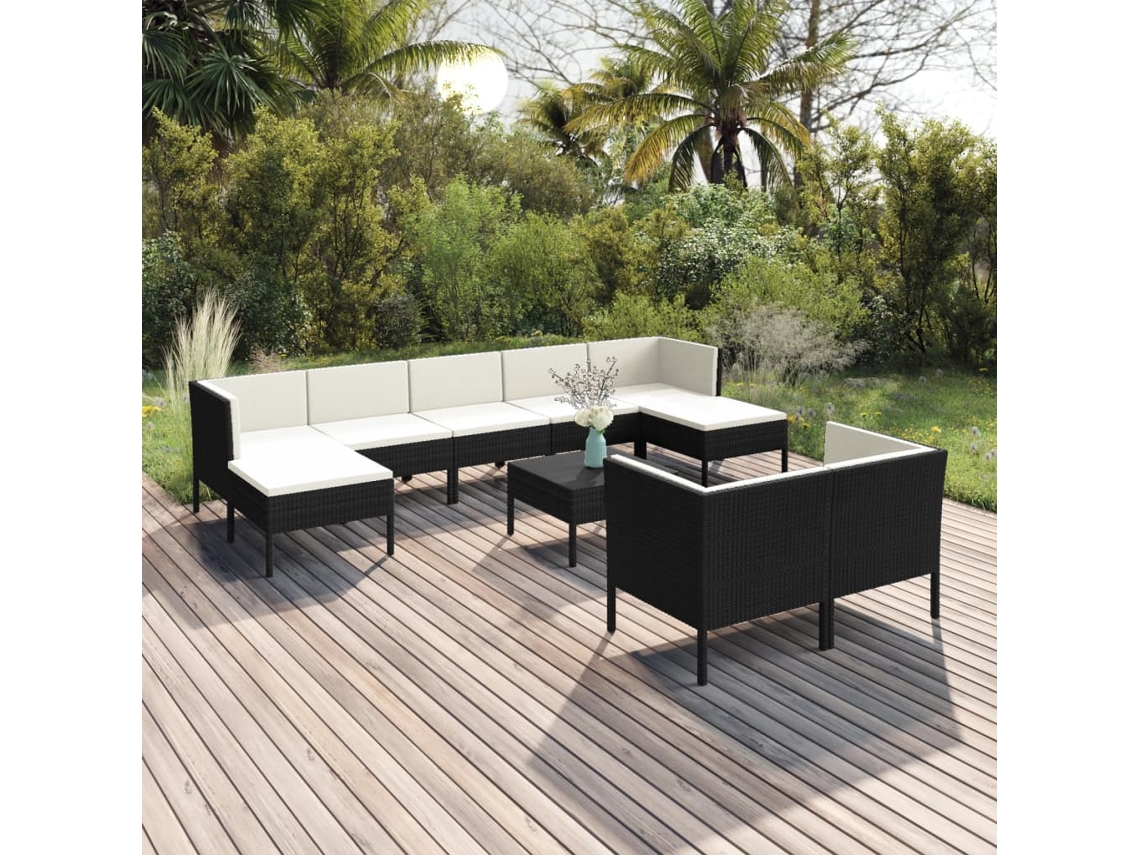 10 Pcs Conjunto Lounge De Jardim C/ Almofadões Vime Pe Preto Dkd Home Decor