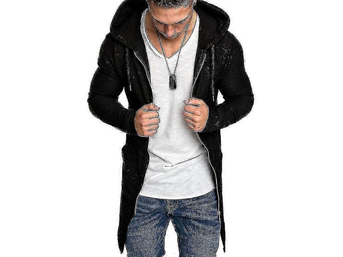 Chaqueta Larga Para Hombre Con Capucha Cremallera Sudadera Abrigo Invierno Manga Larga Negro L