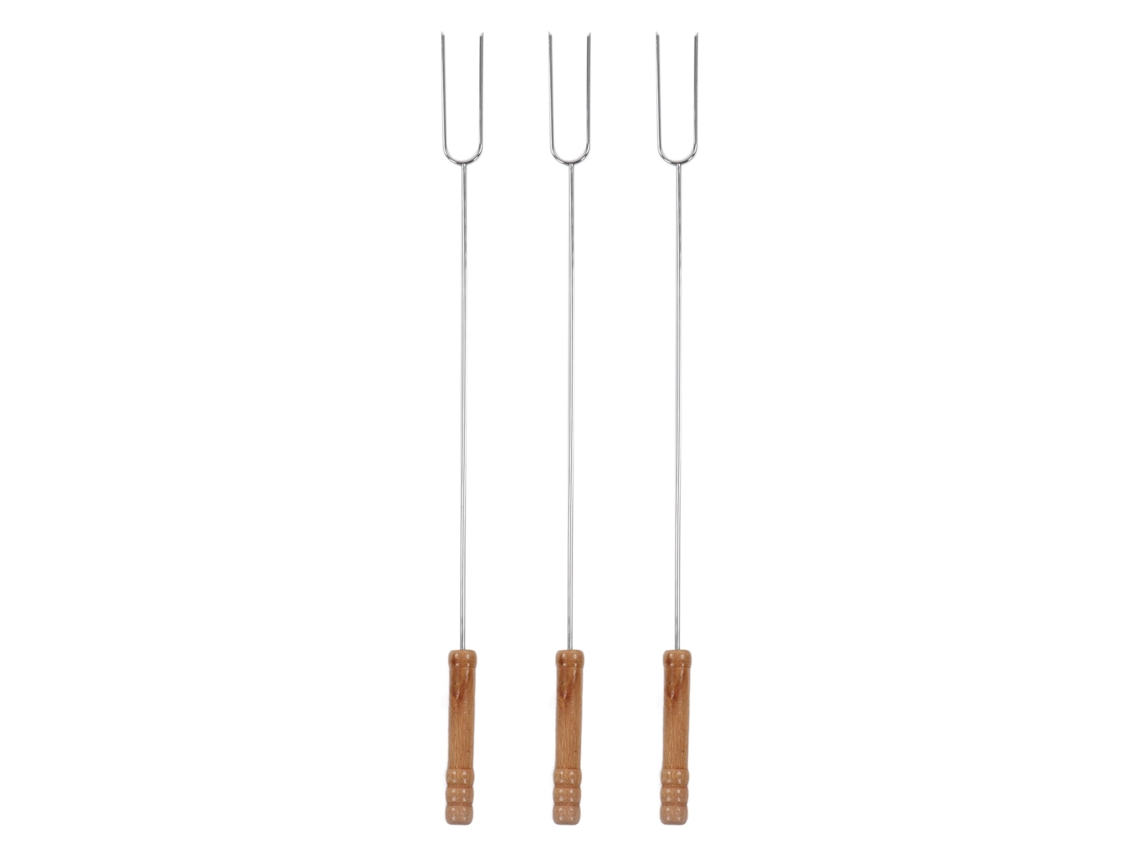Garfos multifuncionais de aço inoxidável para churrasco, 3 peças, com cabo de madeira de faia, para camping e churrasco ao ar livre, 18,75 polegadas