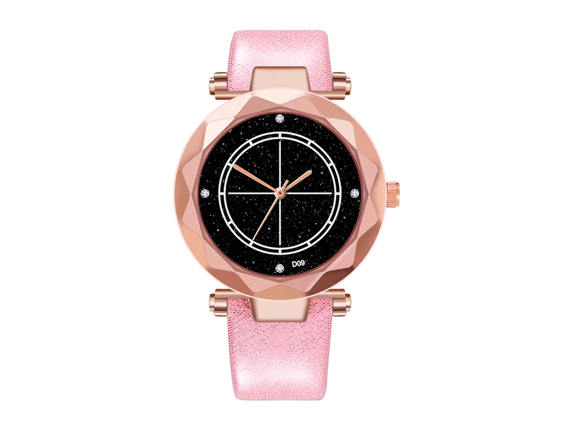 Relógio de Pulso Feminino de Quartzo com Pulseira Pu e Mostrador de Losango Rosa
