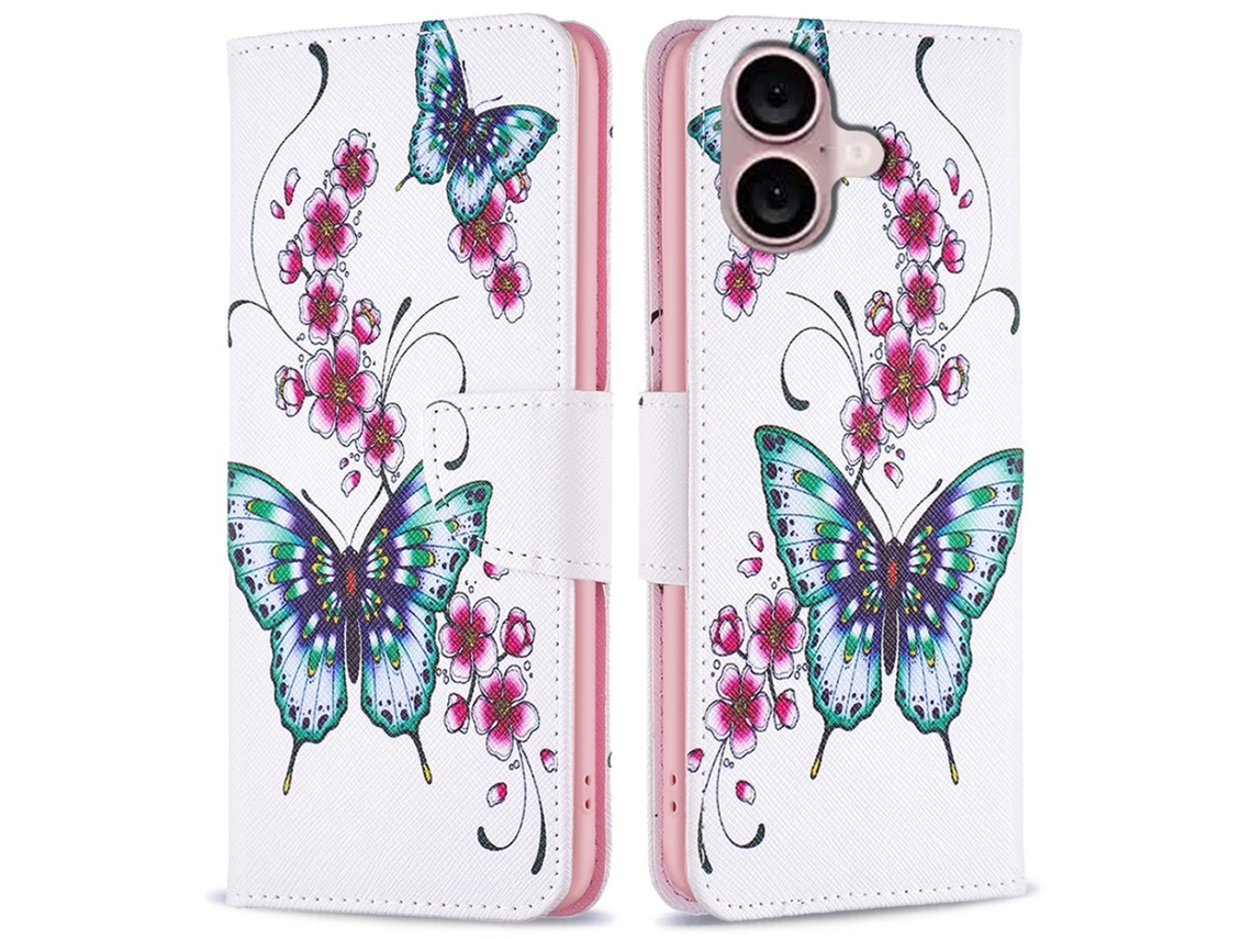 Capa Em Couro Pu Para Apple Iphone 16 - Flor De Pessegueiro E Borboletas