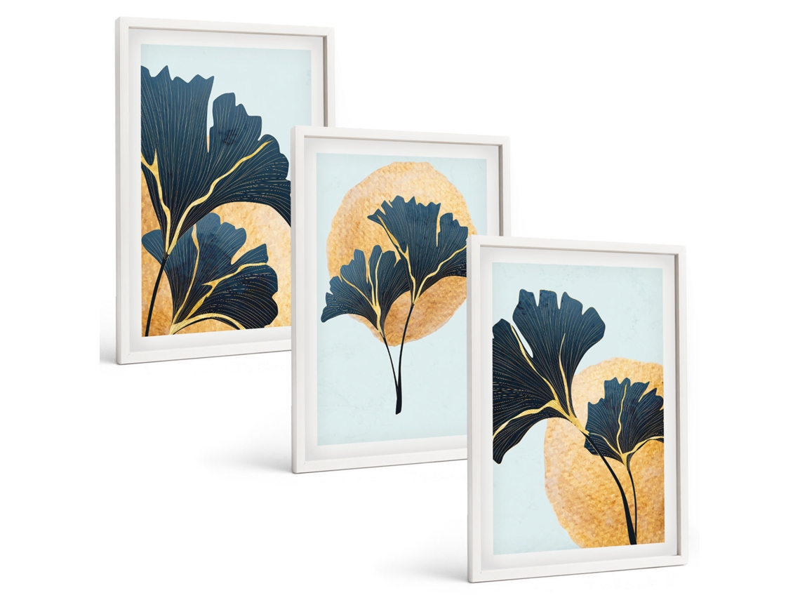 Conjunto De Pinturas Folhas De Ginkgo, Fundo Claro Moldura Branca Fotos Para O Escritório Espelharte (3 Piezas De 40x60 Cm)