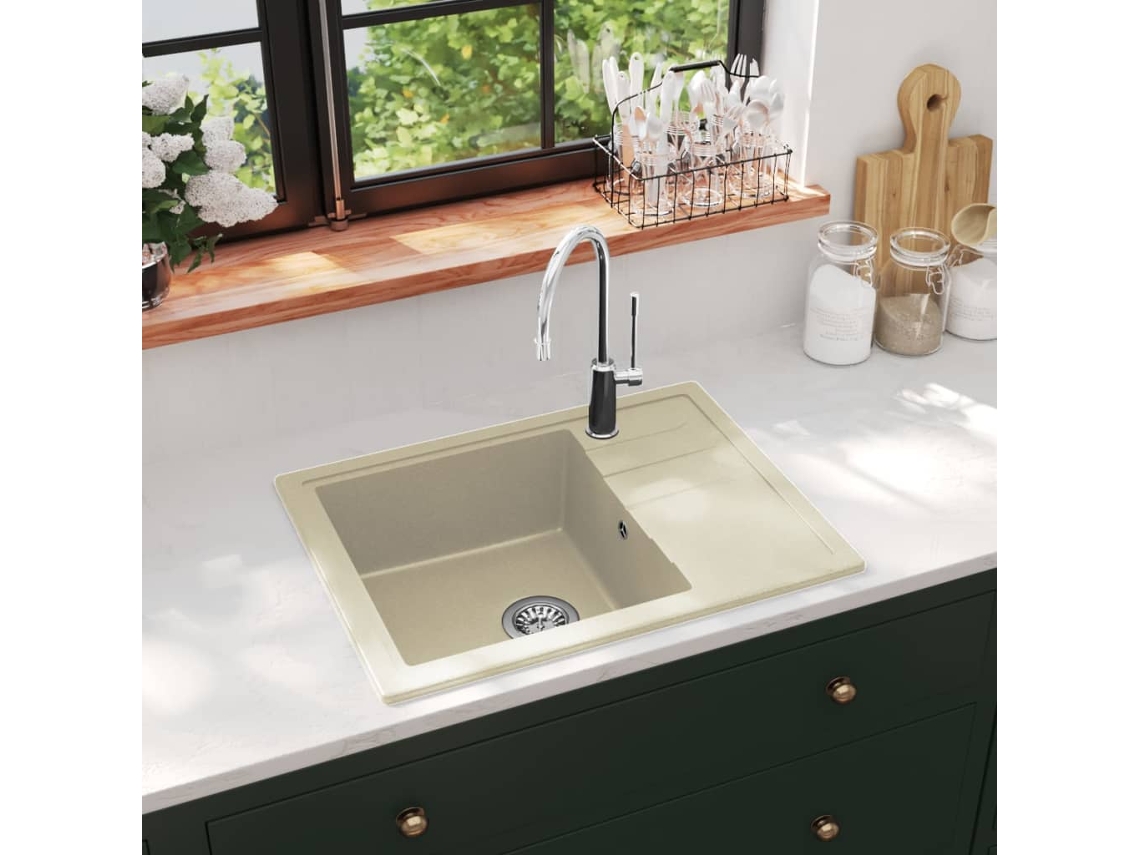 Vidaxl Lava-louça Cozinha Orifício Extravasamento Oval Granito Bege