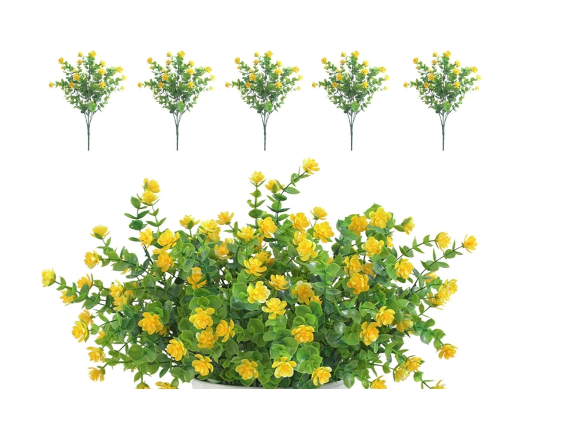 5 Buquês de Flores Artificiais, Verde Resistente a Uv para Decoração Externa e Interna, Varanda AQUAFORGE (amarelo)