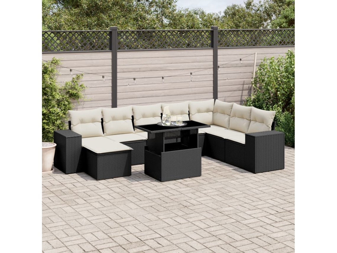 Vidaxl 9 Pcs Conjunto De Sofás P/ Jardim C/ Almofadões Vime Pe Preto