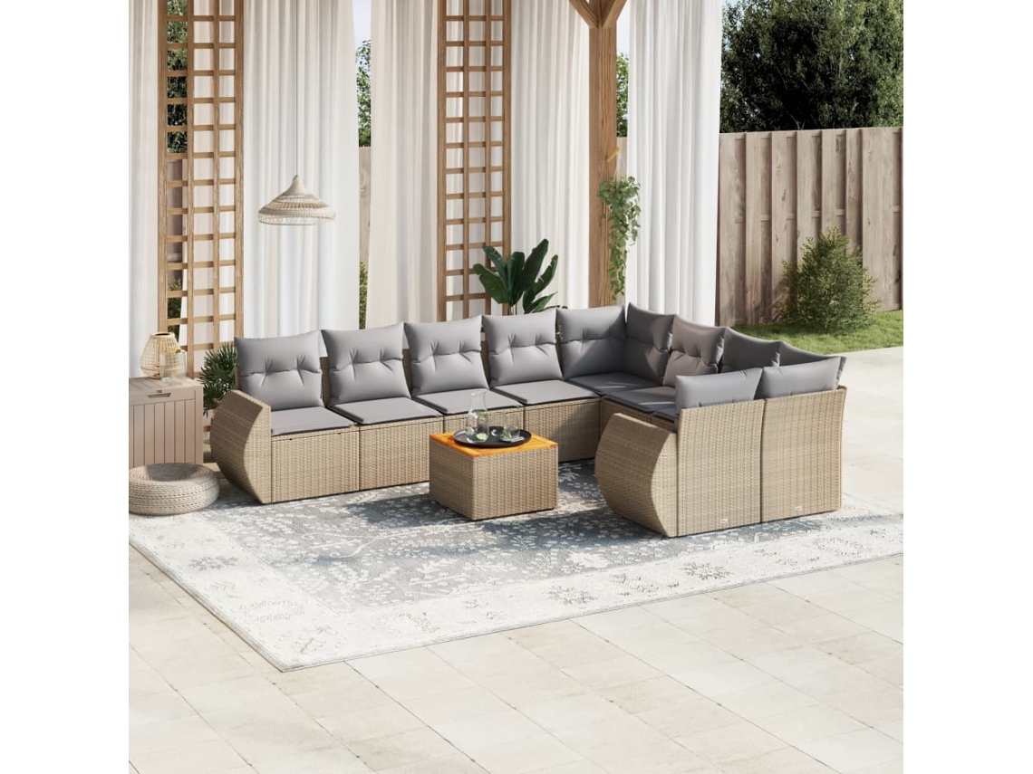 Vidaxl 10 Pcs Conjunto De Sofás P/ Jardim Com Almofadões Vime Pe Bege