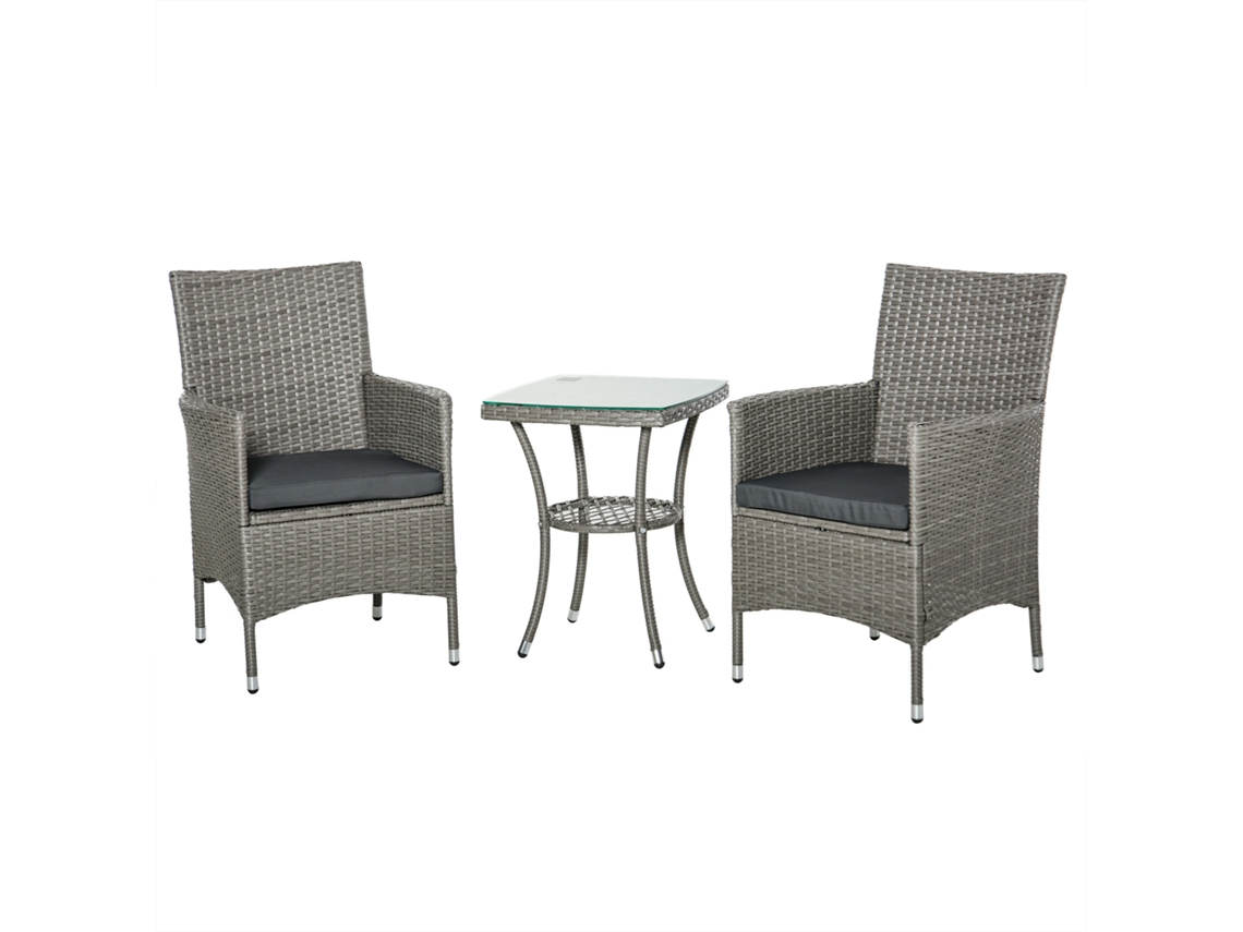 Conjunto Jardim 3p Cinza (rattan/aço, 2 Cadeiras, Mesa Vidro)