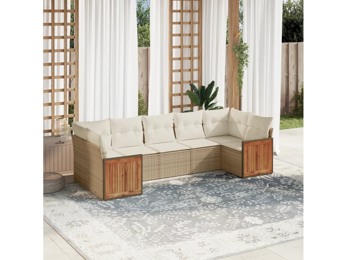 Vidaxl 7 Pcs Conjunto De Sofás P/ Jardim Com Almofadões Vime Pe Bege