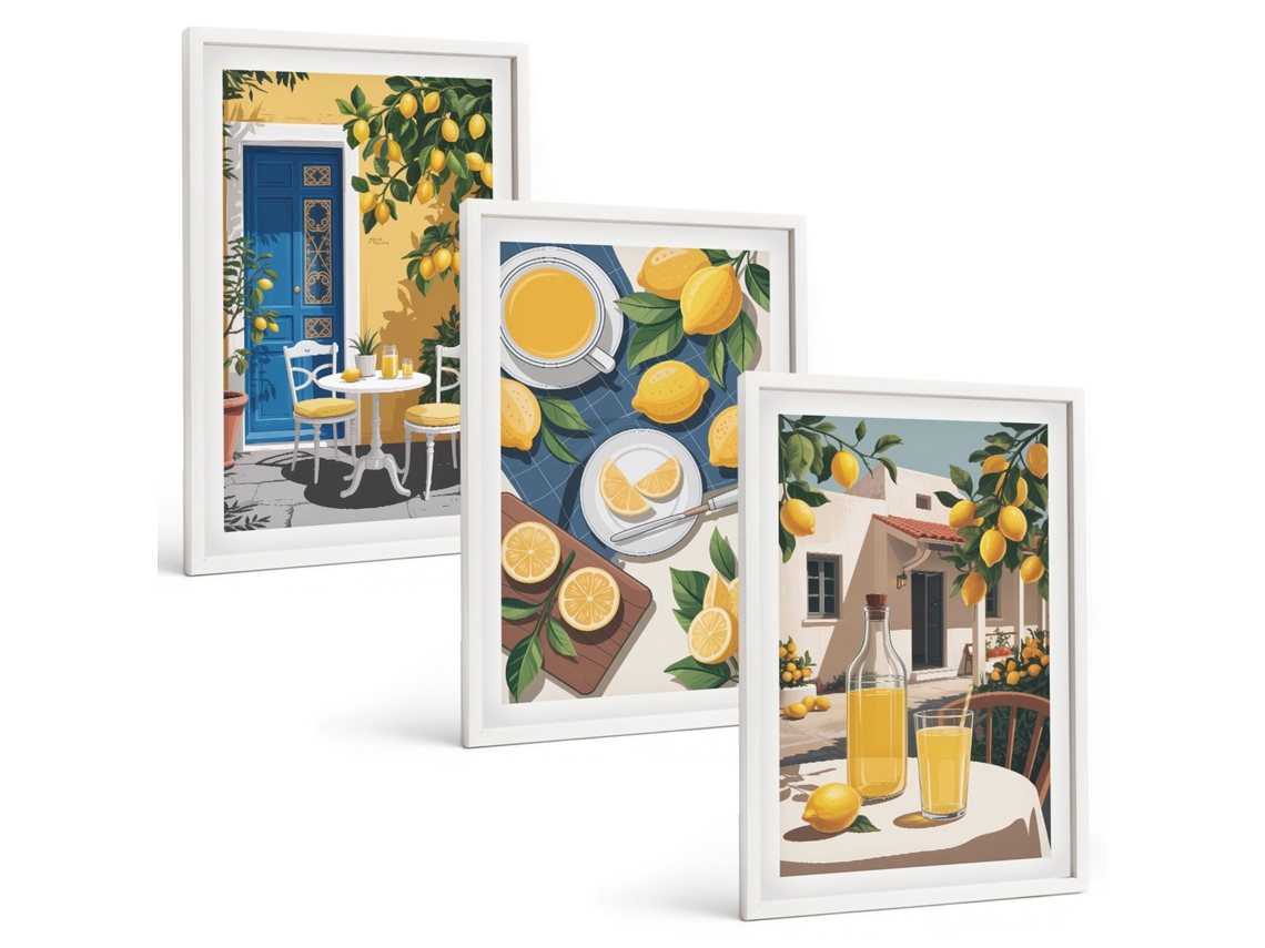 Pinturas Murais Modernas Limonada, Pátio, Sol Moldura Branca Imagens Para Um Quarto Infantil Espelharte (3 Piezas De 40x60 Cm)