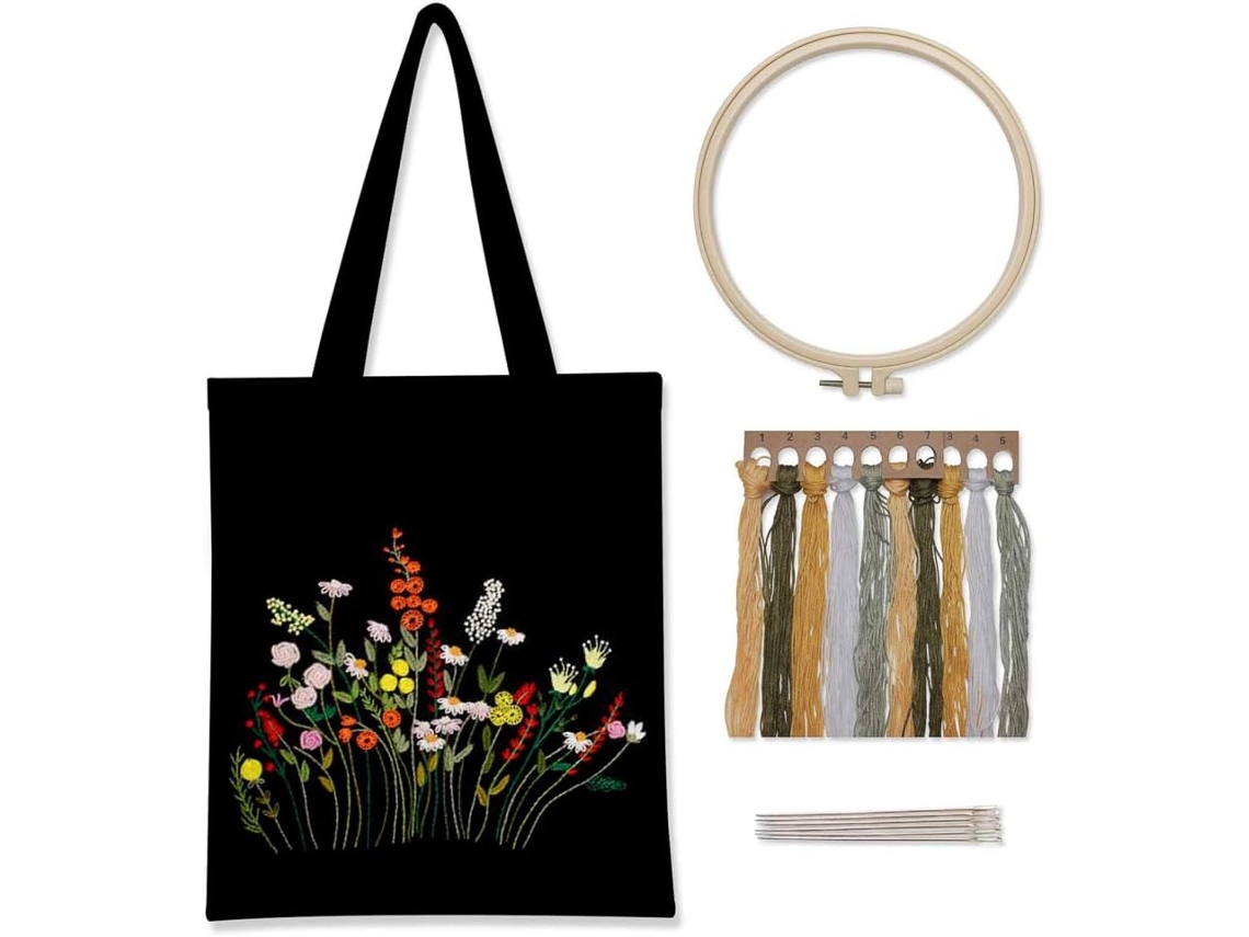 Lurelia Kit Bordado Floral Iniciante Bambu 2 Agulhas 20 Cm Preto Bolsa Decorativa