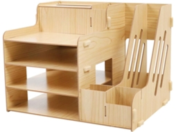 Prateleira de Mesa Stobaza em Madeira Natural com Gavetas, Organizador Multifuncional 3 Compartimentos para Ar